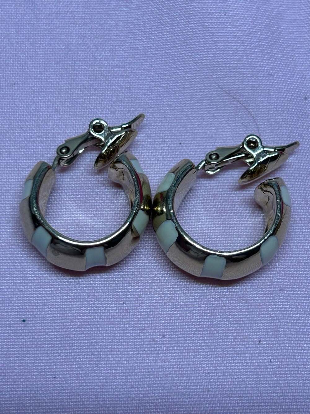 Vintage Monet Gold-Tone Creamy Enamel Striped Clip-On Hoop Earrings